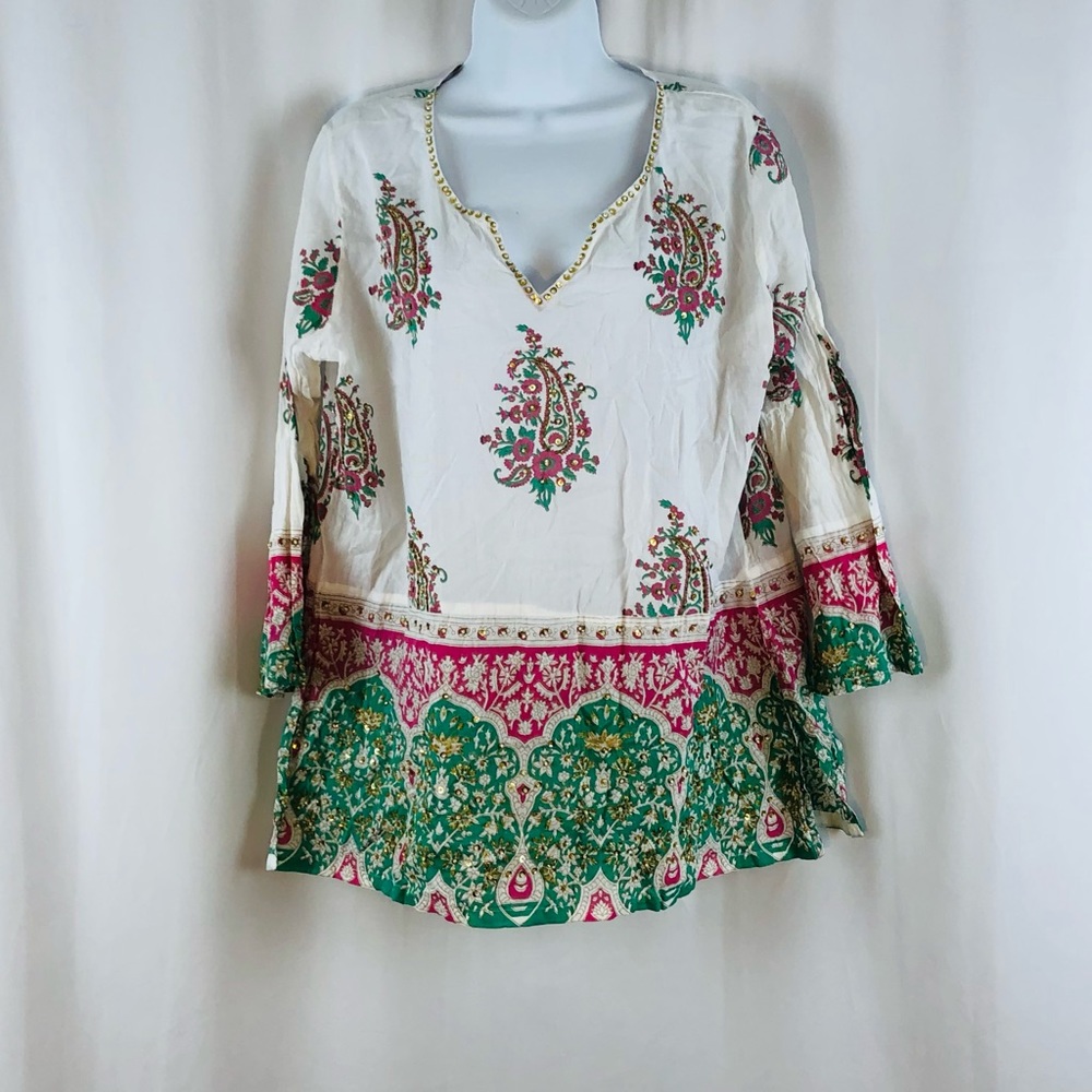 Vijay Sinsh Cotton paisley embellished Y-neck  long sleeve top XL